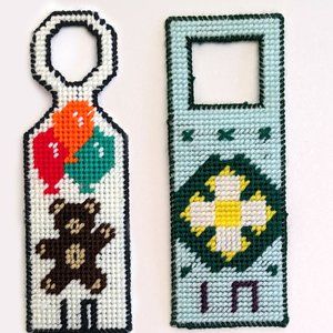 Vintage Set of Two Yarn Plastic Canvas Knit Flower Door Knob Hanger Handmade